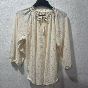 Culture Code eyelet Raglan 3/4‎ Sleeve Women Shirt Elastic Cuff tie neck SZ XL